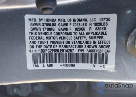 2020 Honda Civic Sport from USA, damaged, VIN 19XFC2F89LE014257